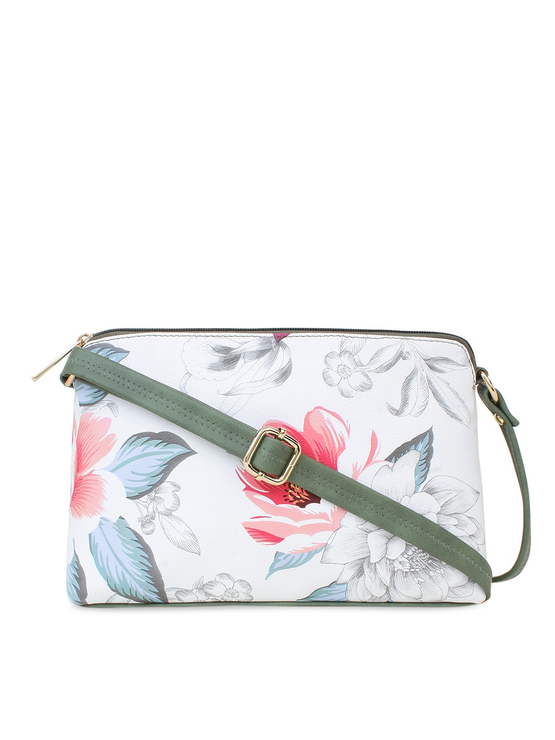 

LEGAL BRIBE Olive Green Floral Printed PU Structured Sling Bag with Quilted