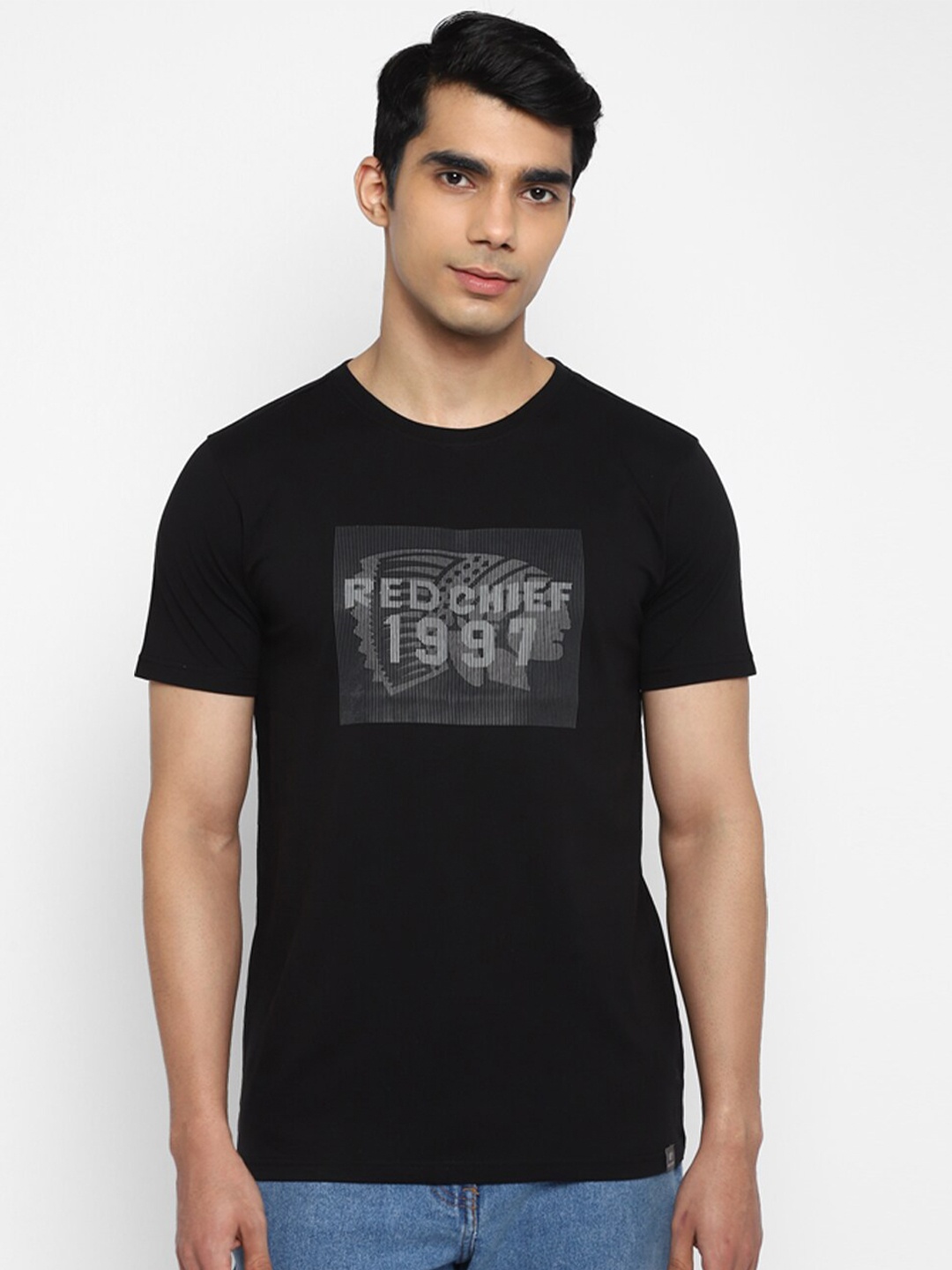 

Red Chief Men Black Typography Printed Applique T-shirt