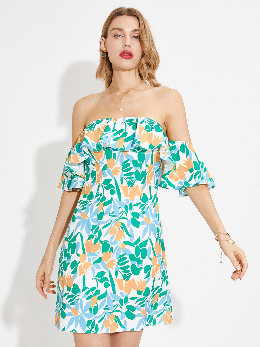 

URBANIC Multicoloured & star white Floral Off-Shoulder A-Line Mini Dress, Multi