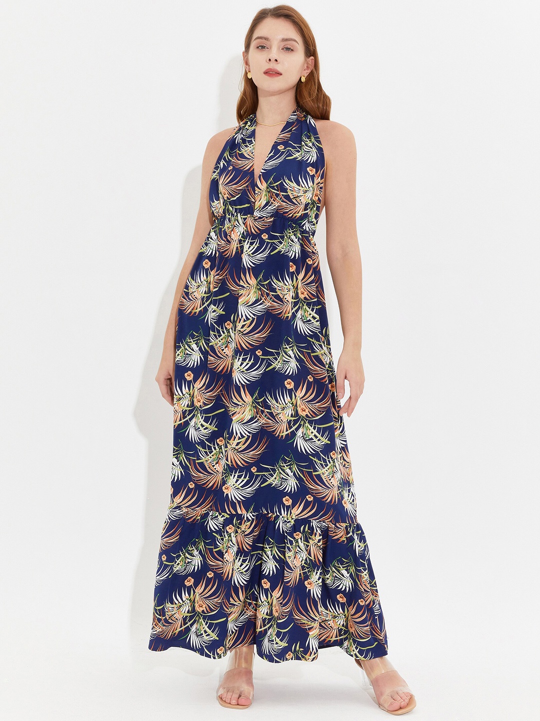 

URBANIC Navy Blue Floral Halter Neck Maxi Dress