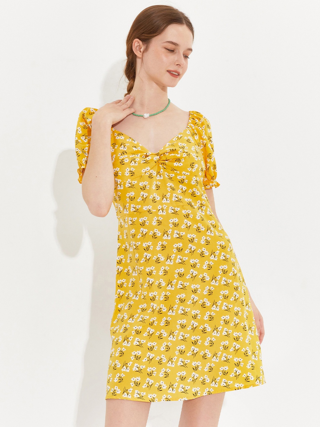 

URBANIC Yellow Floral A-Line Mini Dress