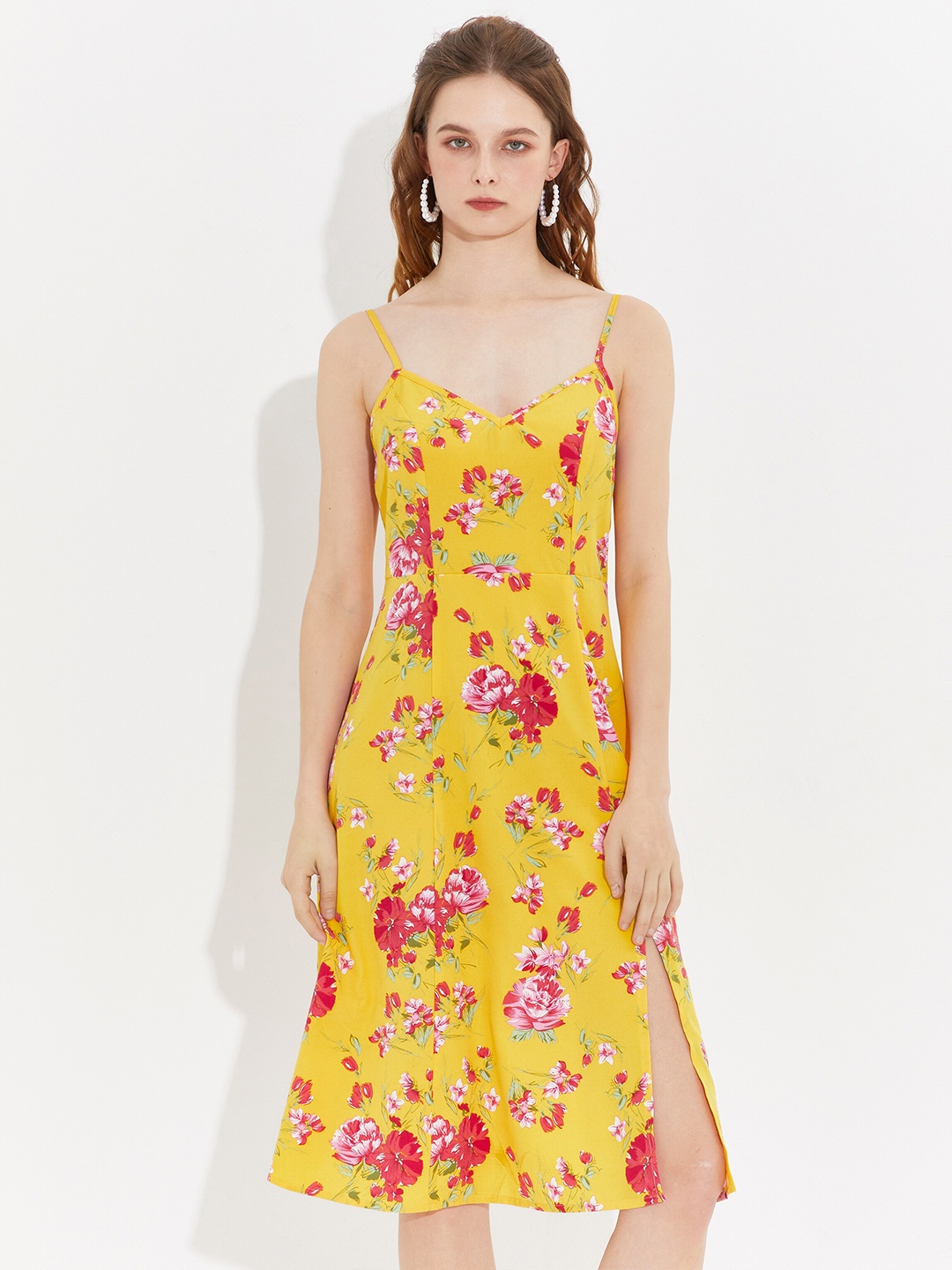 

URBANIC Yellow Floral A-Line Dress