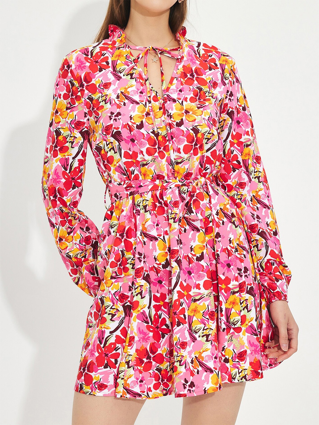 

URBANIC Red & heavenly pink Floral A-Line Dress