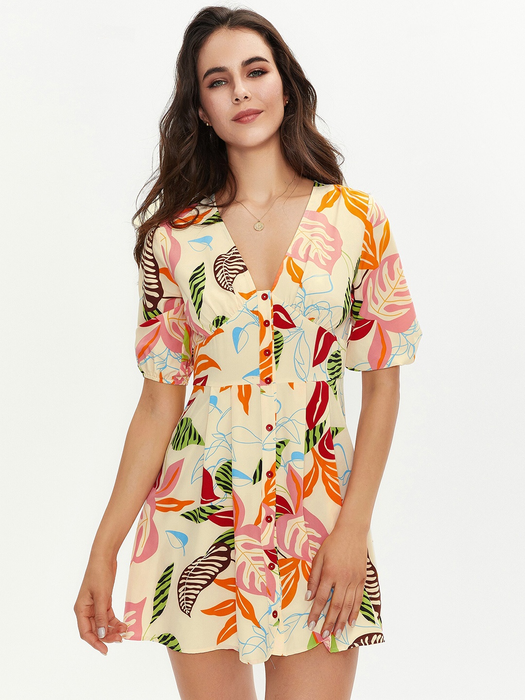 

URBANIC Peach-Coloured Floral Mini Dress