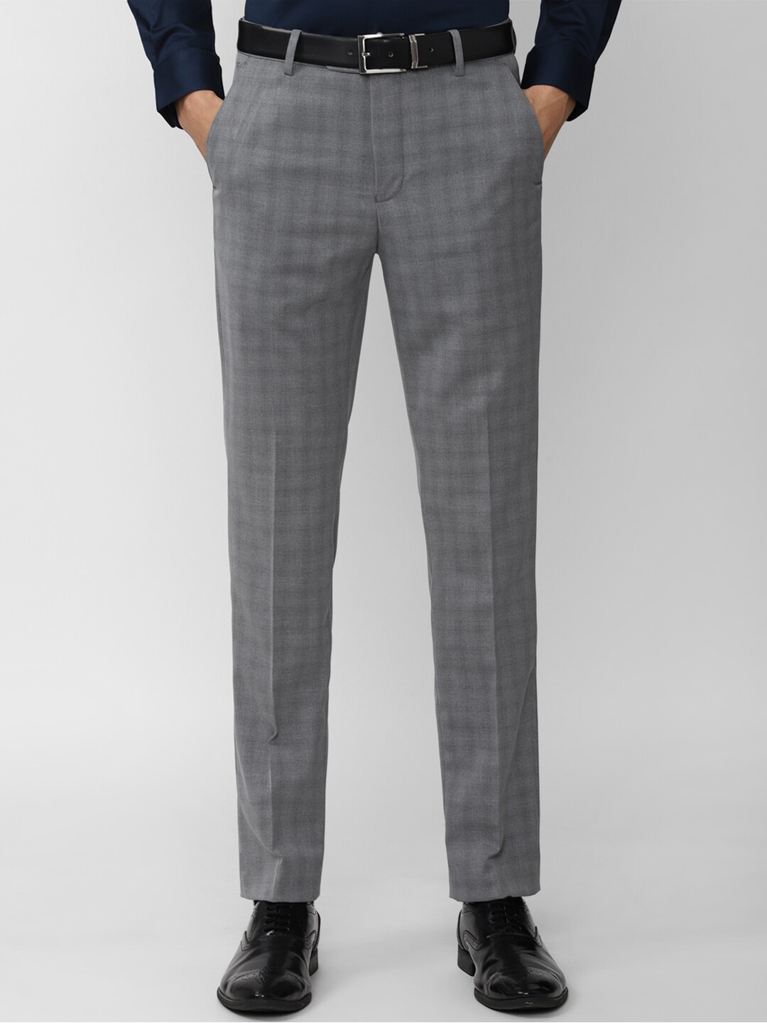

Peter England Men Grey Checked Slim Fit Trousers