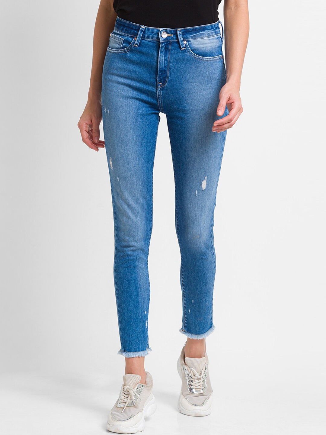 

SPYKAR Women Blue Super Skinny Fit High-Rise Low Distress Light Fade Jeans