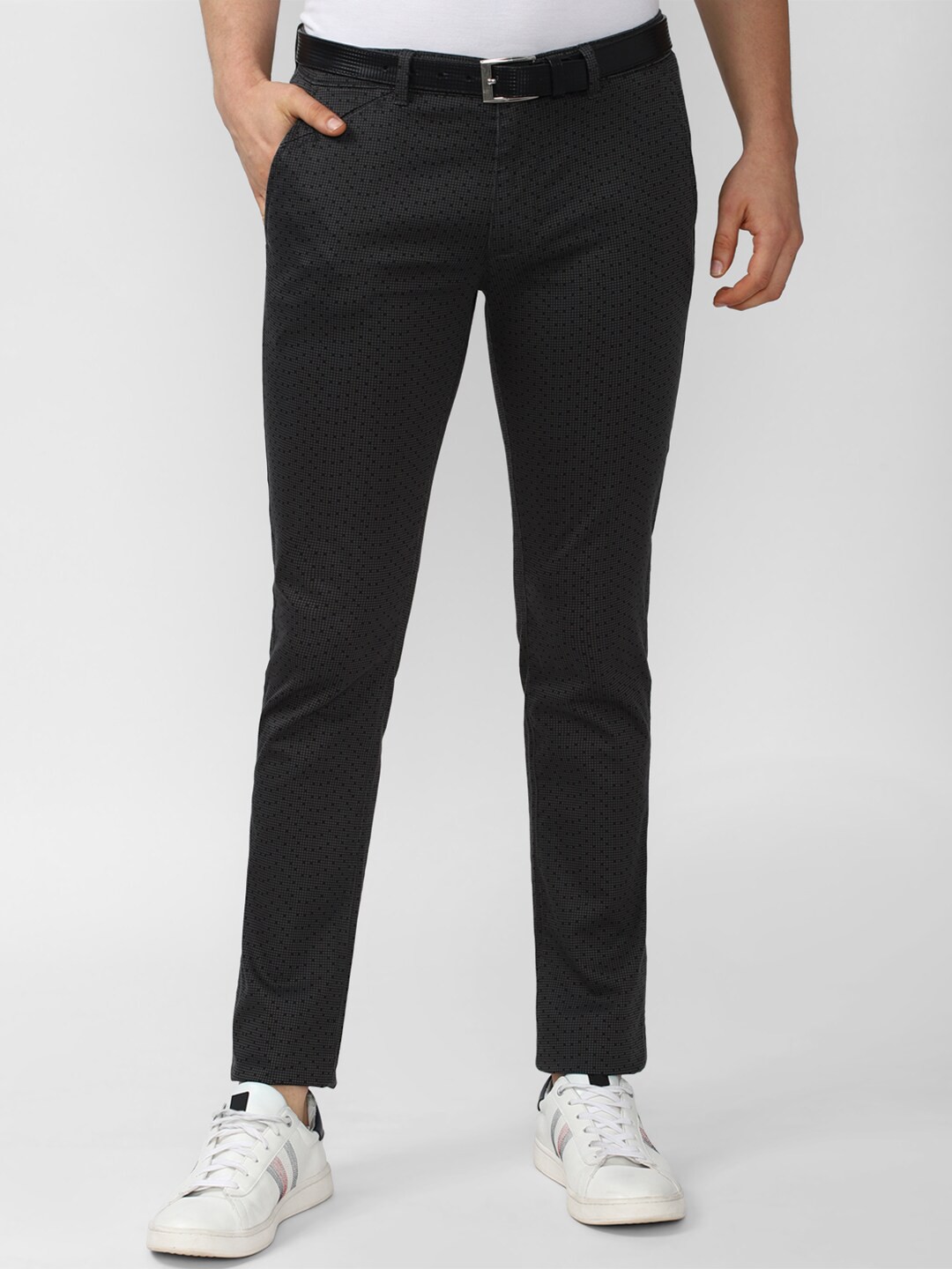 

V Dot Men Black Textured Slim Fit Trousers