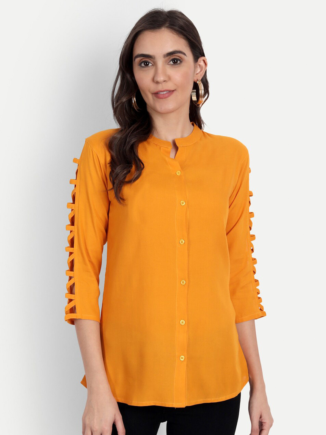

Fab Star Yellow Mandarin Collar Shirt Style Top