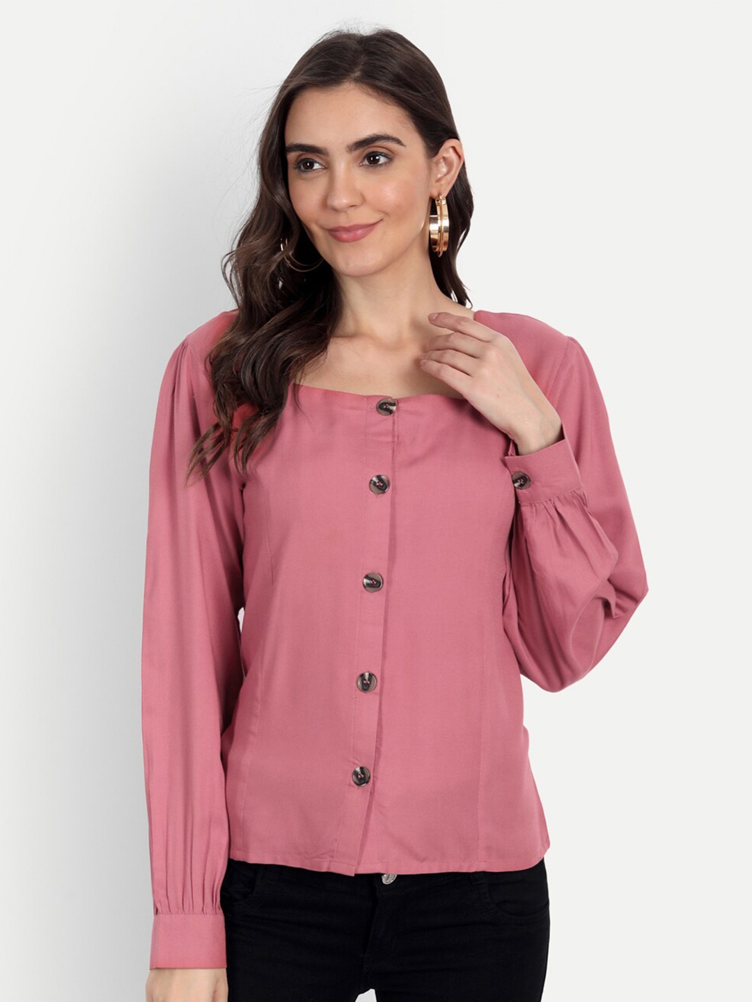 

Fab Star Pink Square Neck Bishop Sleeves Top