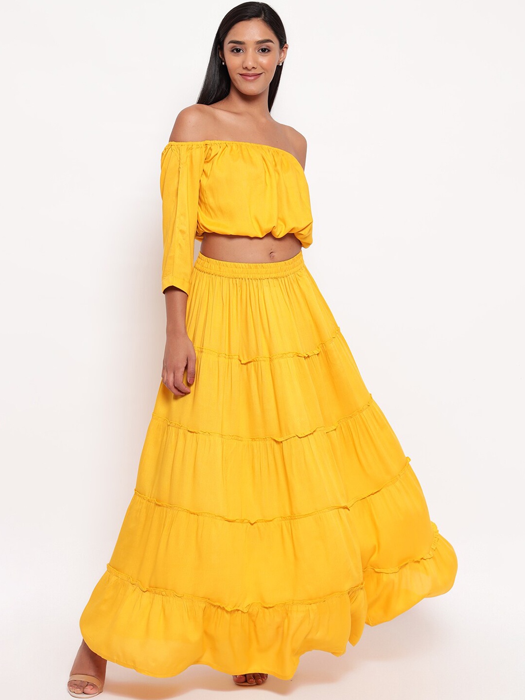 

Aawari Mustard Yellow Off-Shoulder Maxi Dress