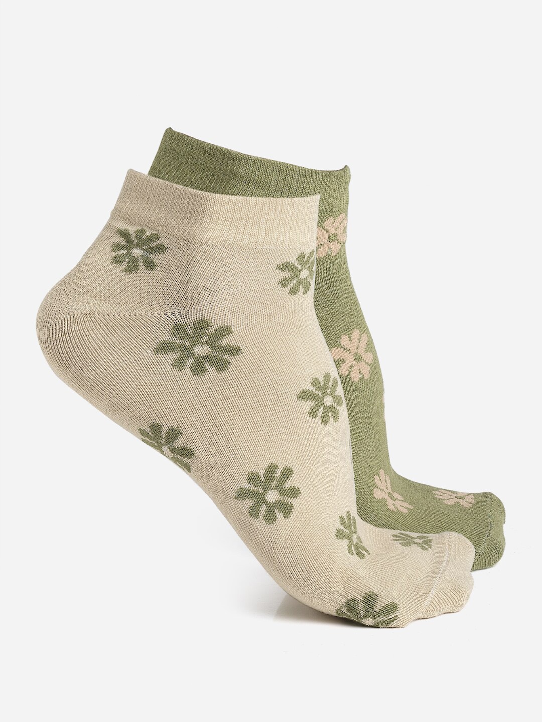 

JUMP USA Women Pack of 2 Green & Off White Patterned Bamboo Ankle Length Socks