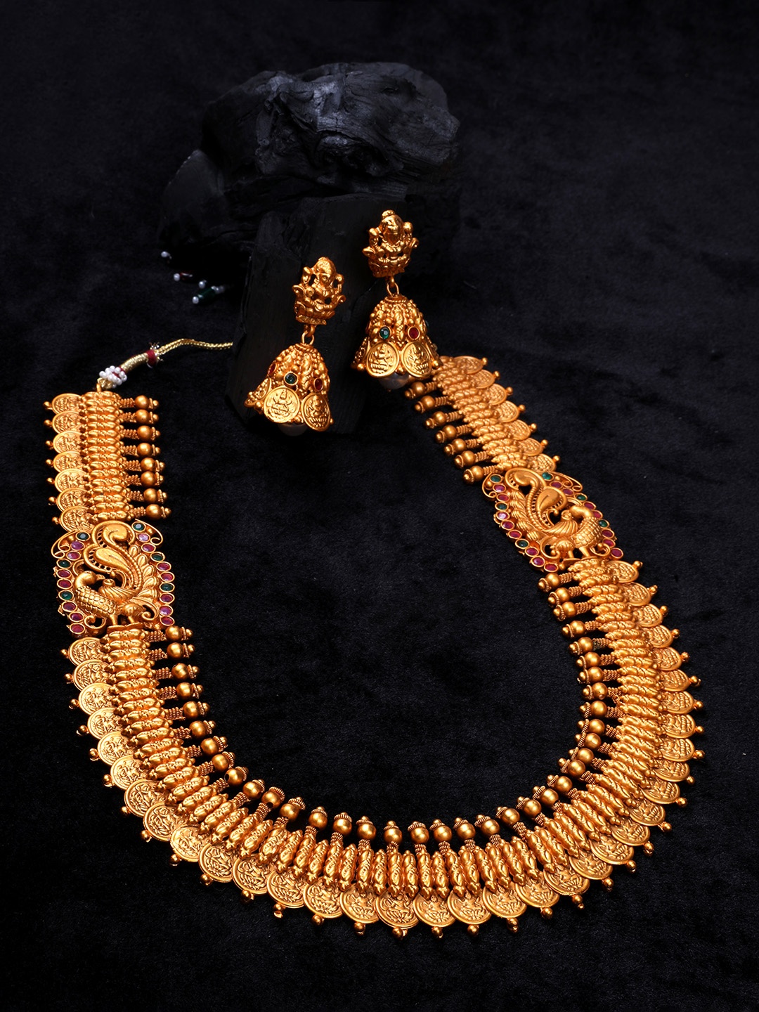 

StileAdda Gold-Plated Green & Pink Stones-Studded Temple Jewellery Set