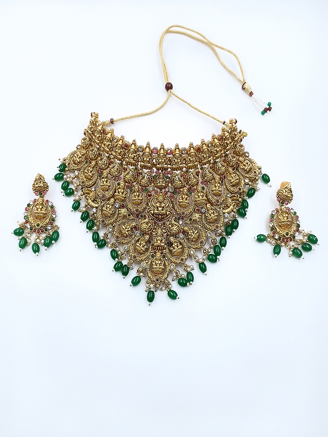 

StileAdda Gold-Plated White & Green Stone-Studded & Beaded Temple Jewellery Set