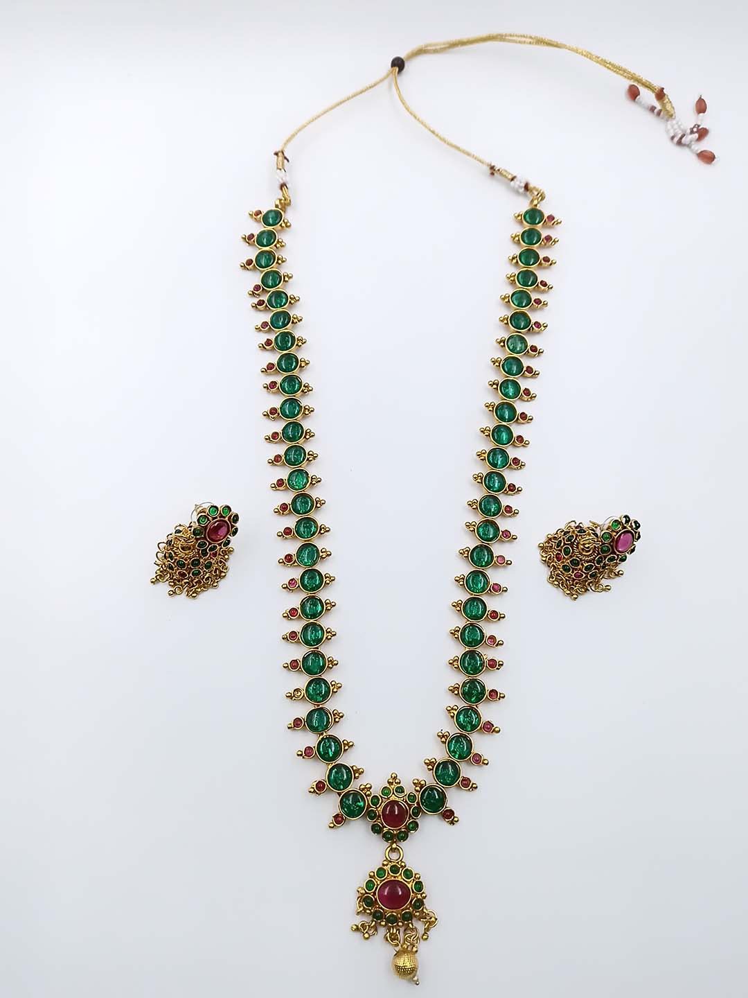 

StileAdda Gold-Plated Green & Red Stones-Studded & Beaded Elegent Long Kempu Haram Jewellery Set
