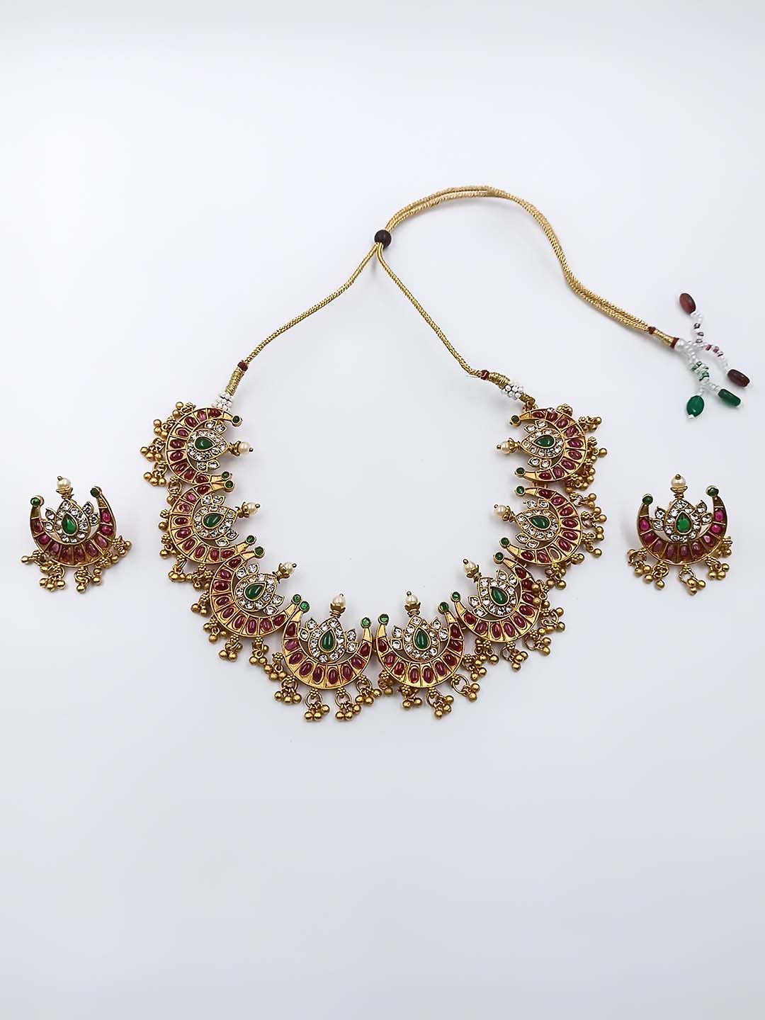 

StileAdda Gold-Plated Green & Pink Stone-Studded & Beaded Half Moon Temple Jewellery Set