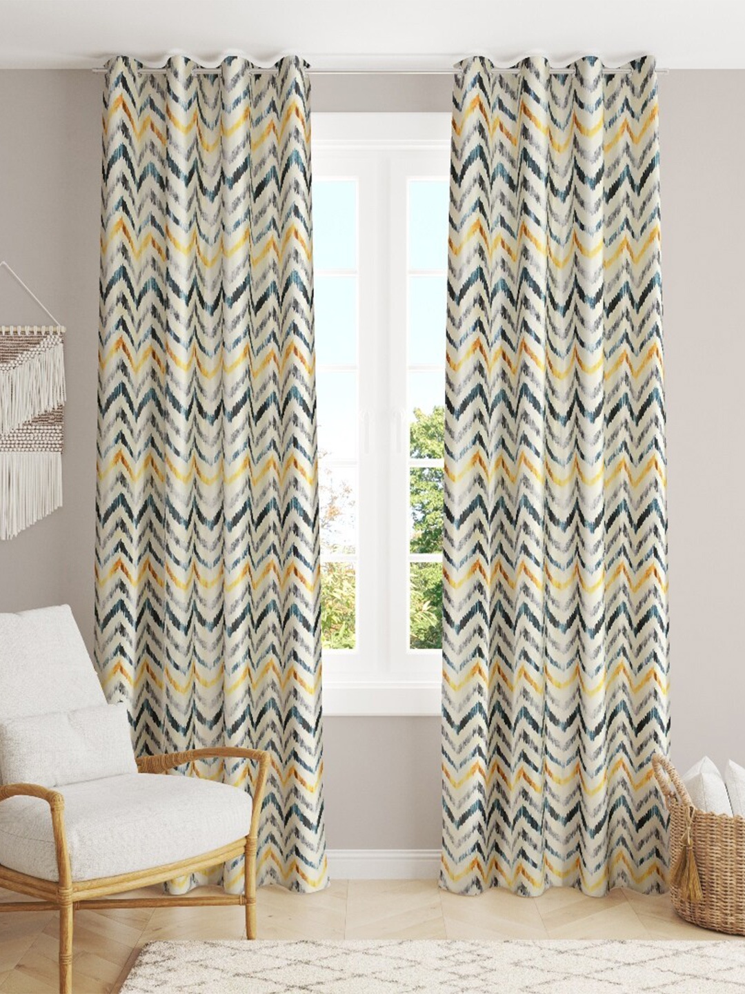 

MULTITEX Blue & Yellow Set of 2 Geometric Window Curtain