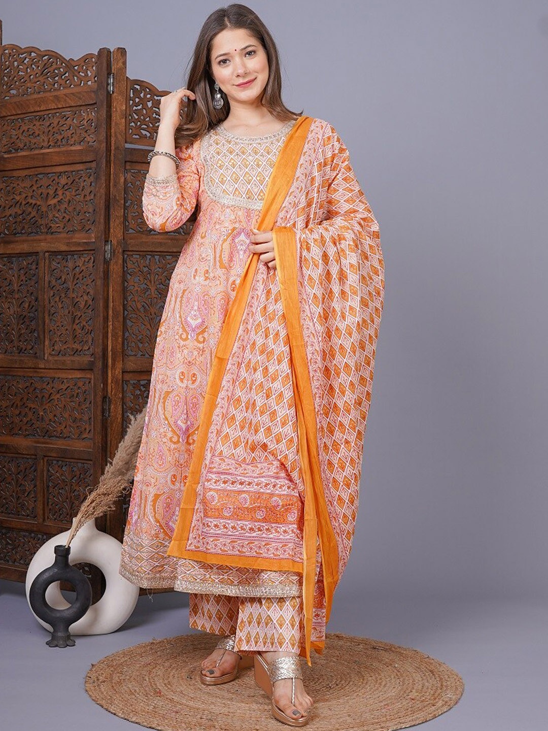 

MEERA FAB Women Orange Pleated Beads and Stones Pure Cotton Kurta with Trousers & With Dupatta