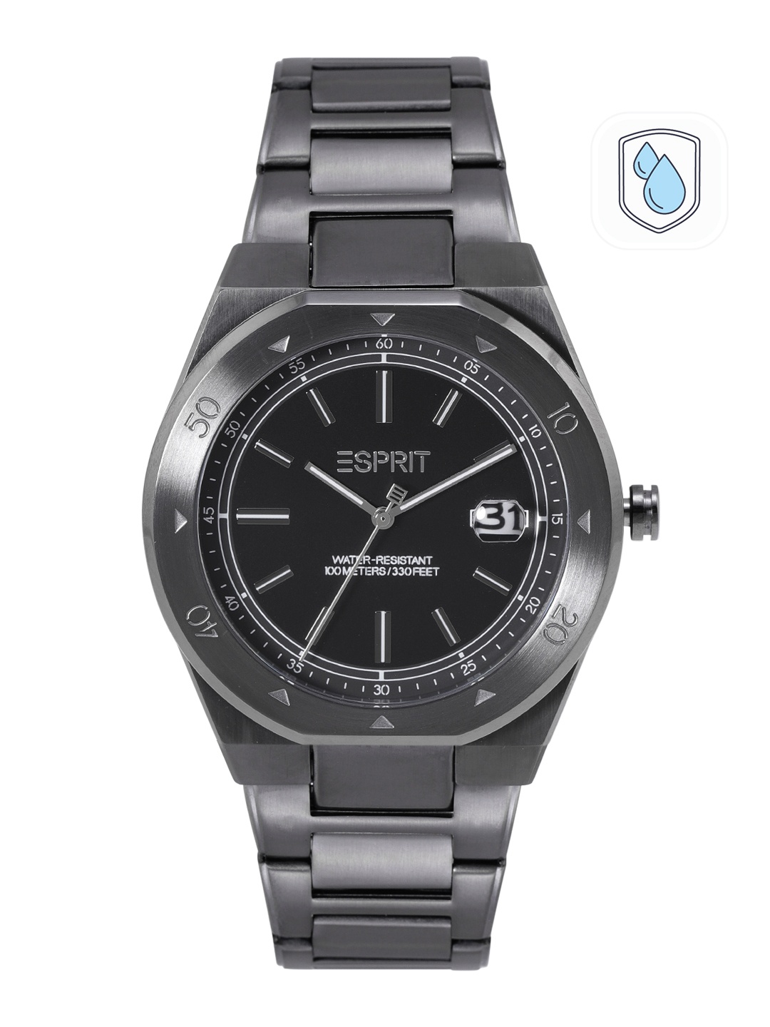 

ESPRIT Men Black Dial & Gunmetal Toned Bracelet Style Hunter Analogue Watch ES1G305M0035