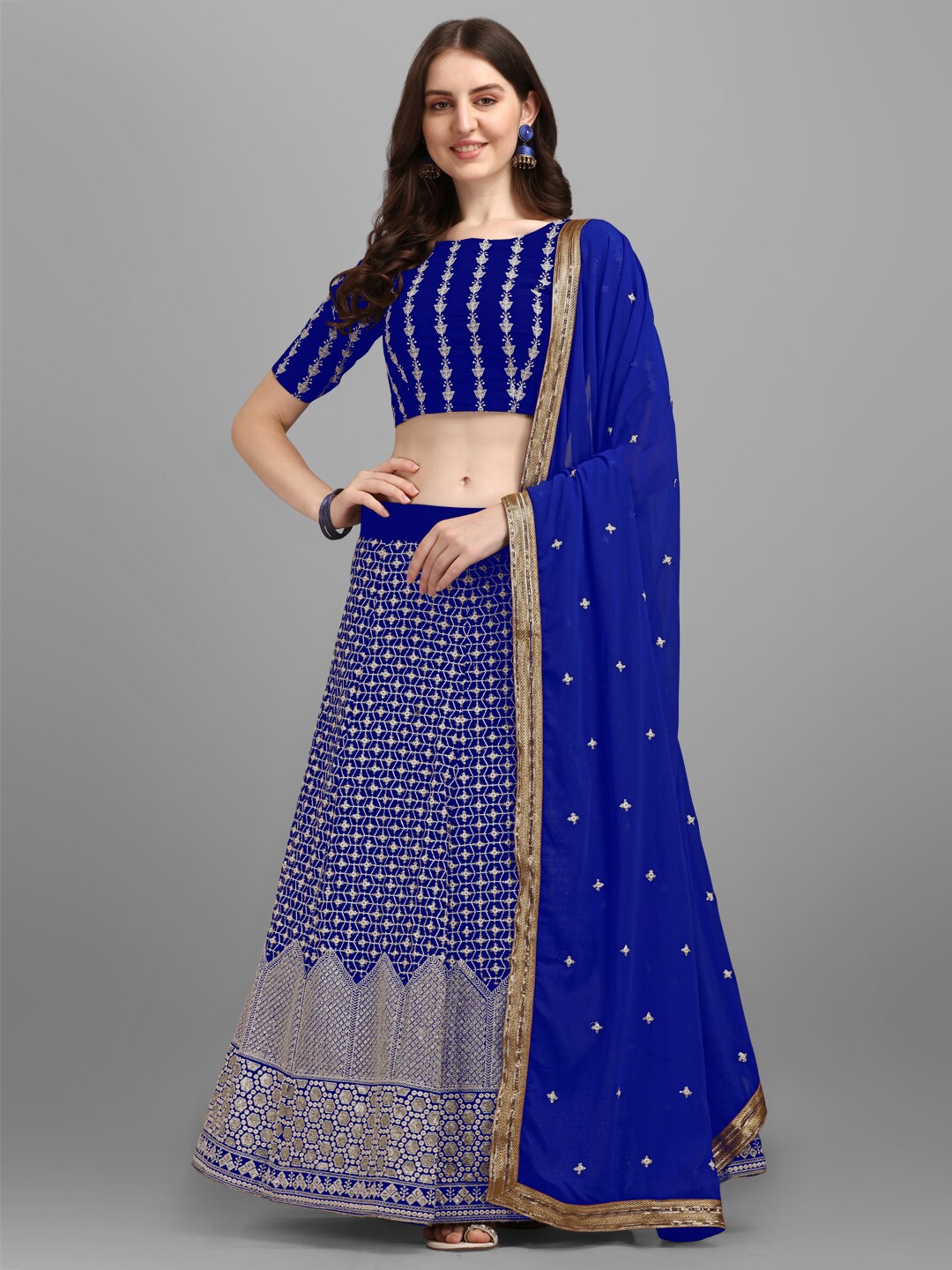 

JATRIQQ Blue & Gold-Toned Embroidered Thread Work Semi-Stitched Lehenga & Unstitched Blouse With Dupatta