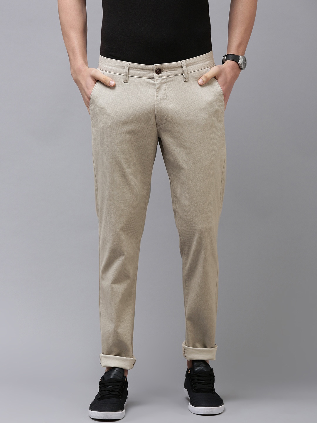 

Van Heusen Sport Men Cream-Coloured Printed Tapered Fit Trousers