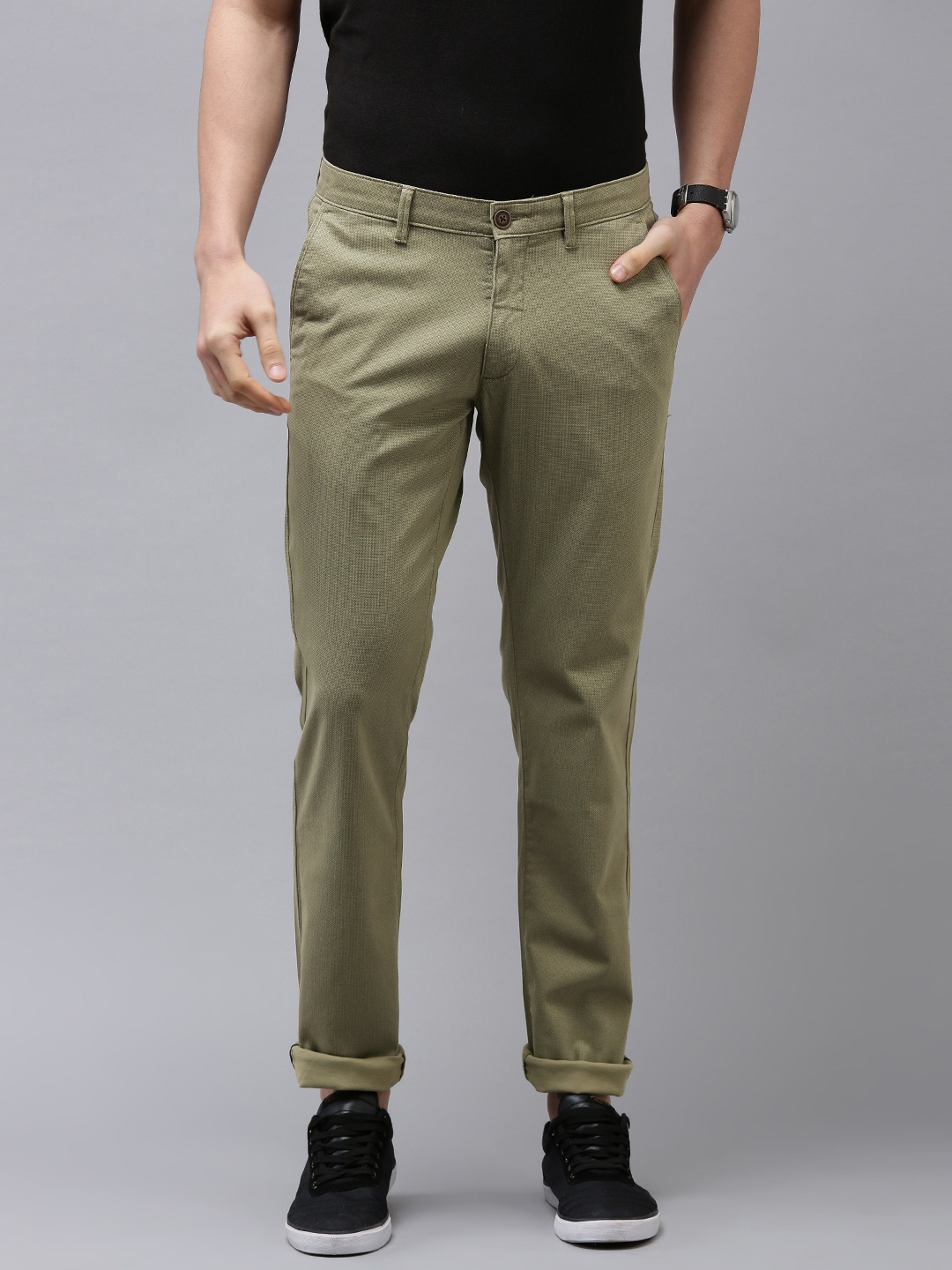 

Van Heusen Sport Men Olive Green Textured Tapered Fit Trousers