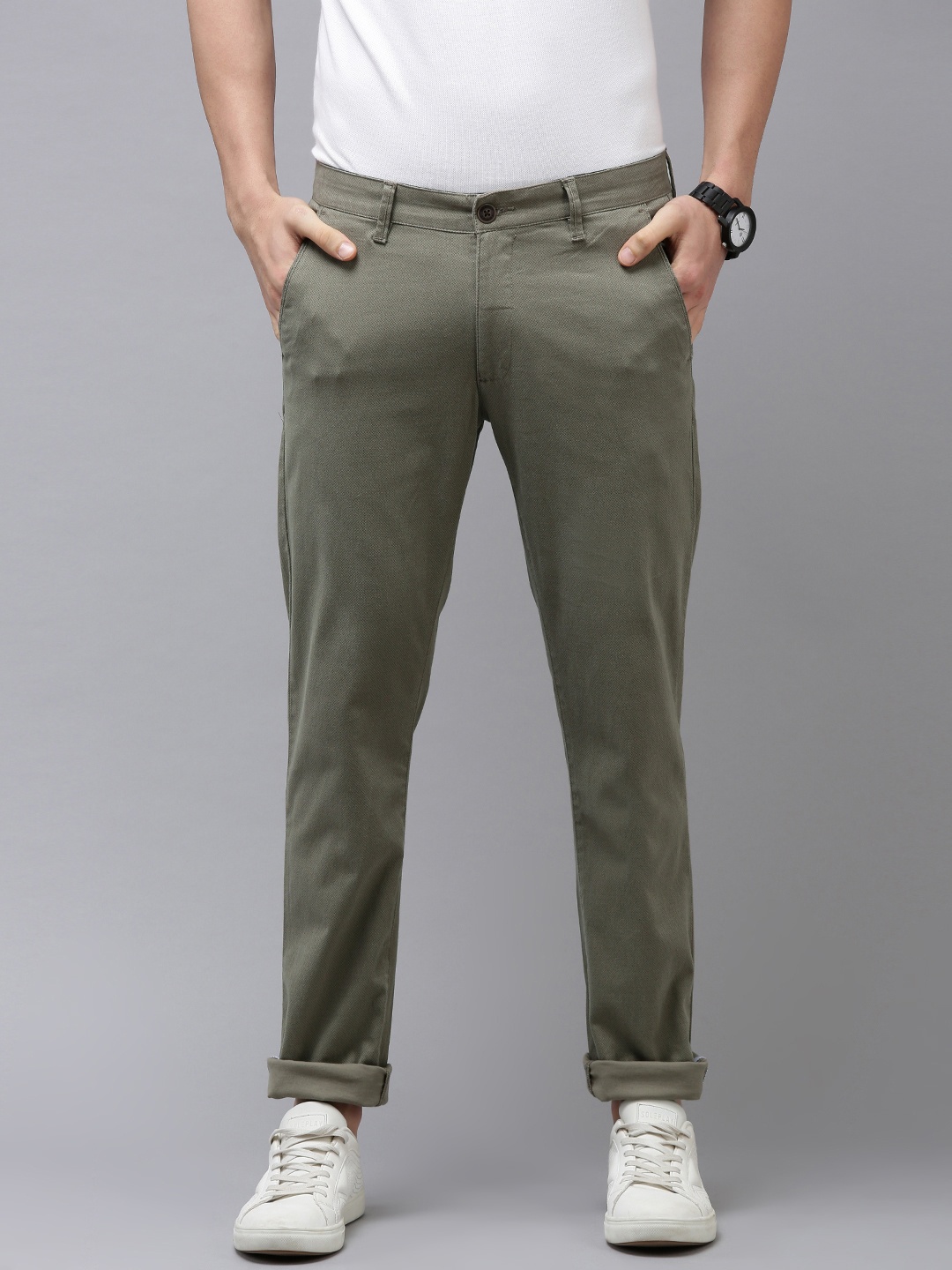 

Van Heusen Sport Men Olive Green Textured Tapered Fit Trousers