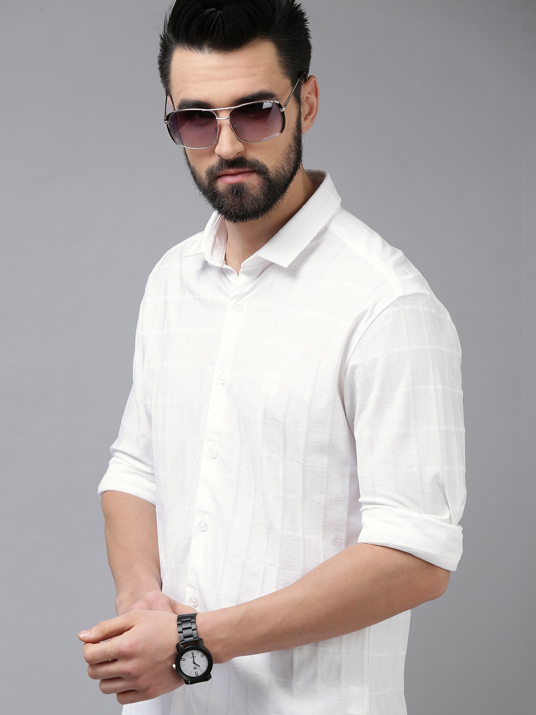 

Van Heusen Sport Men White Textured Pure Cotton Slim Fit Casual Shirt