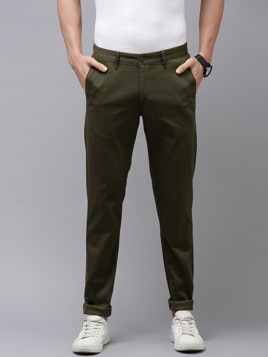 

Van Heusen Sport Men Olive Green Textured Tapered Fit Trousers