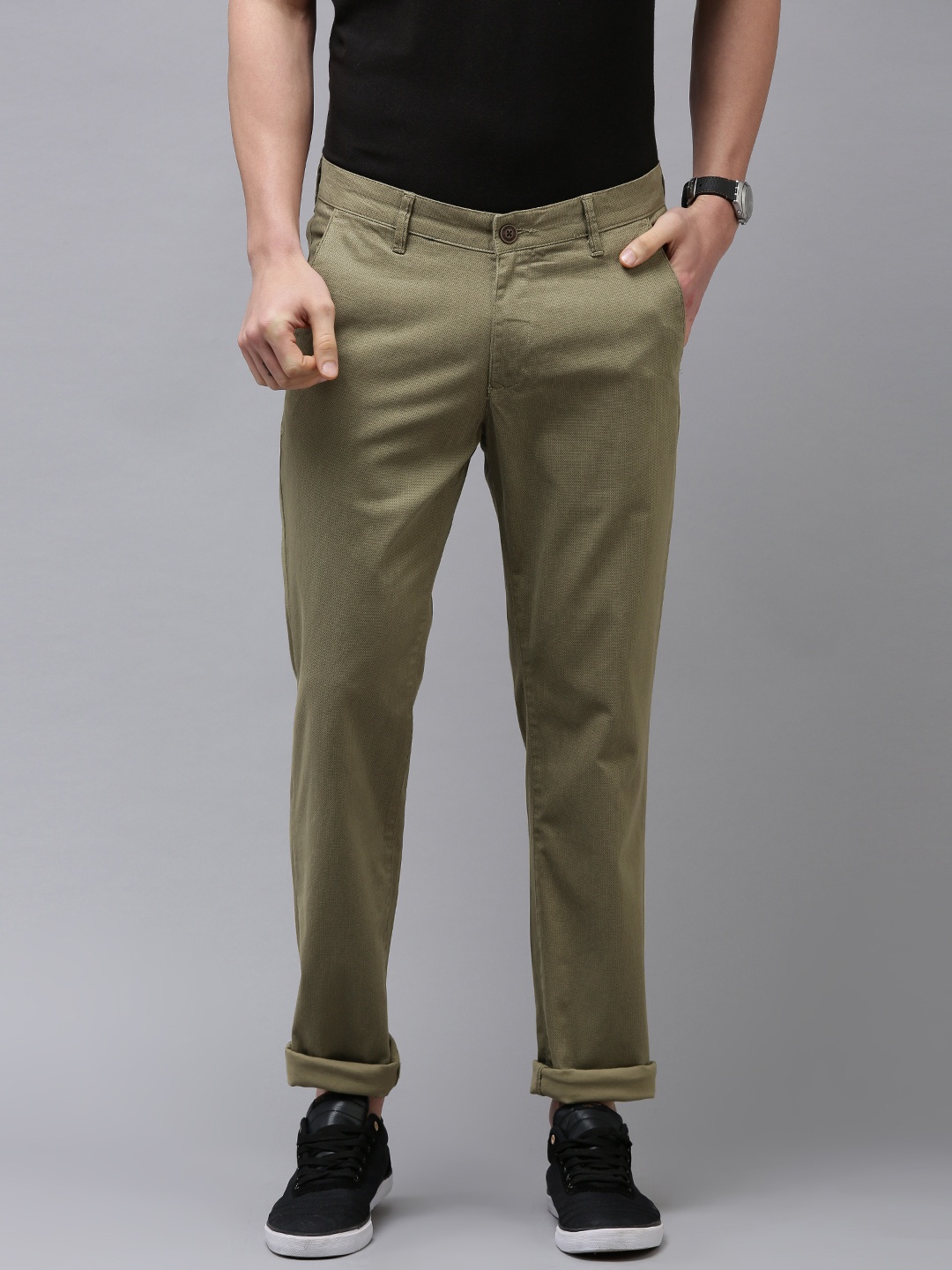 

Van Heusen Sport Men Olive Green Textured Tapered Fit Trousers