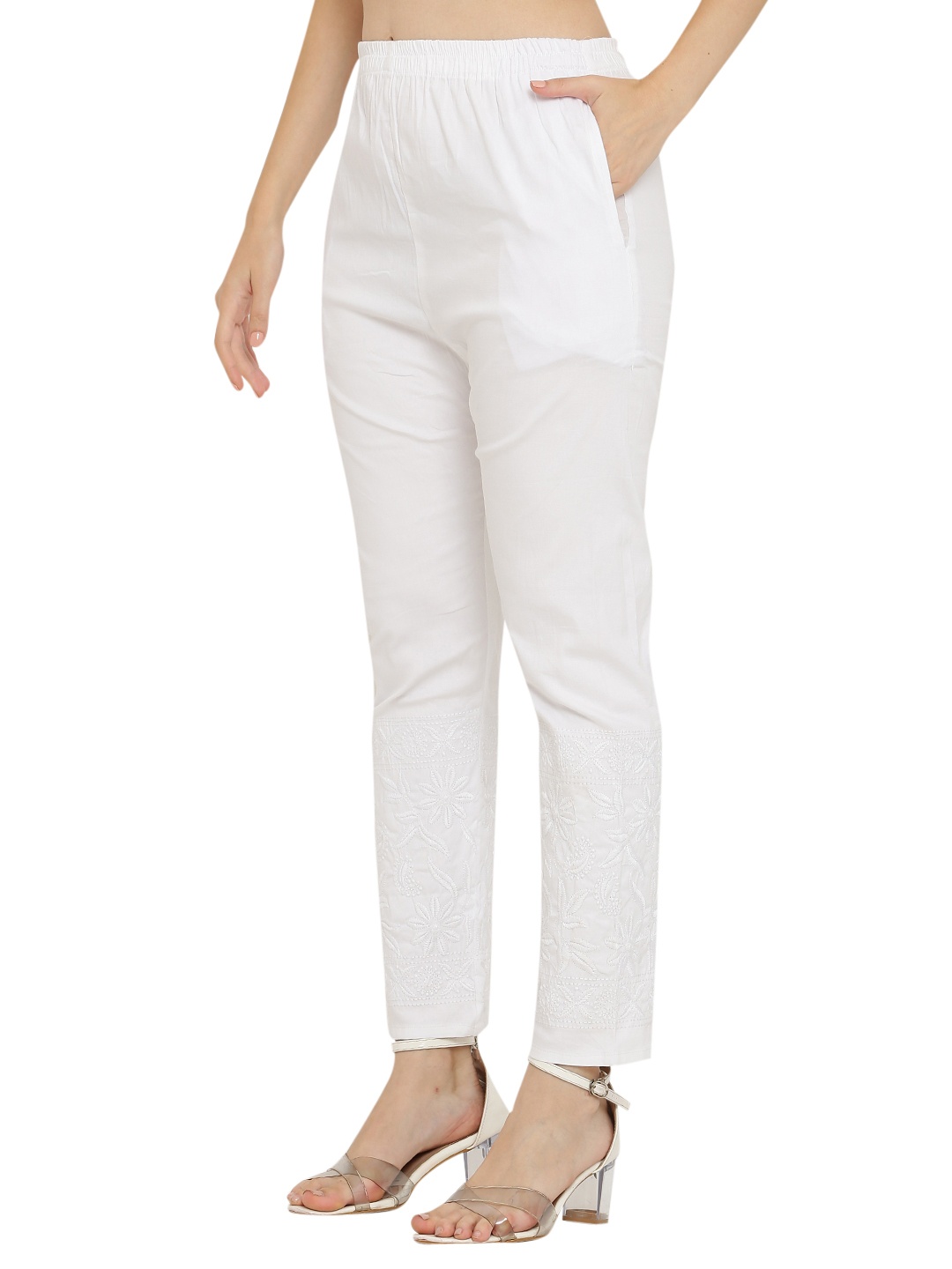 

FAWOMENT Women White Chikankari Embroidered Lounge Pants