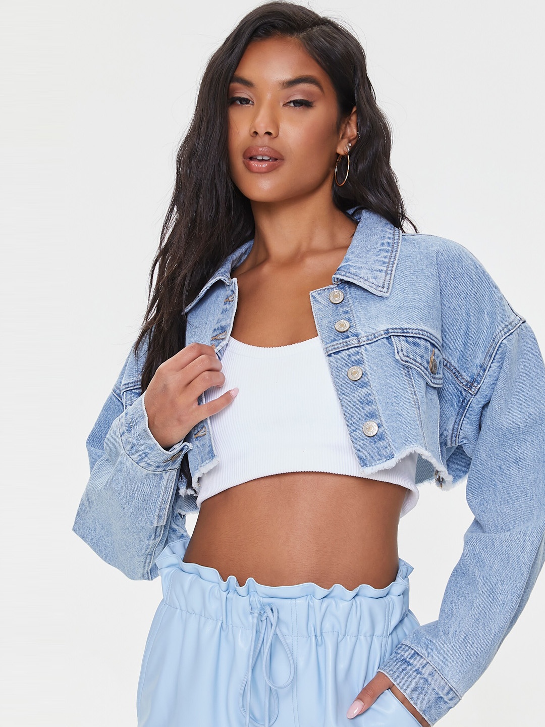 

FOREVER 21 Women Blue Washed Crop Denim Jacket with Embroidered