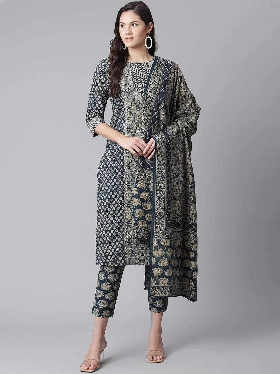 

Yuris Women Teal Printed Panelled Thread Work Pure Cotton Kurta with Trousers & With Dupatta