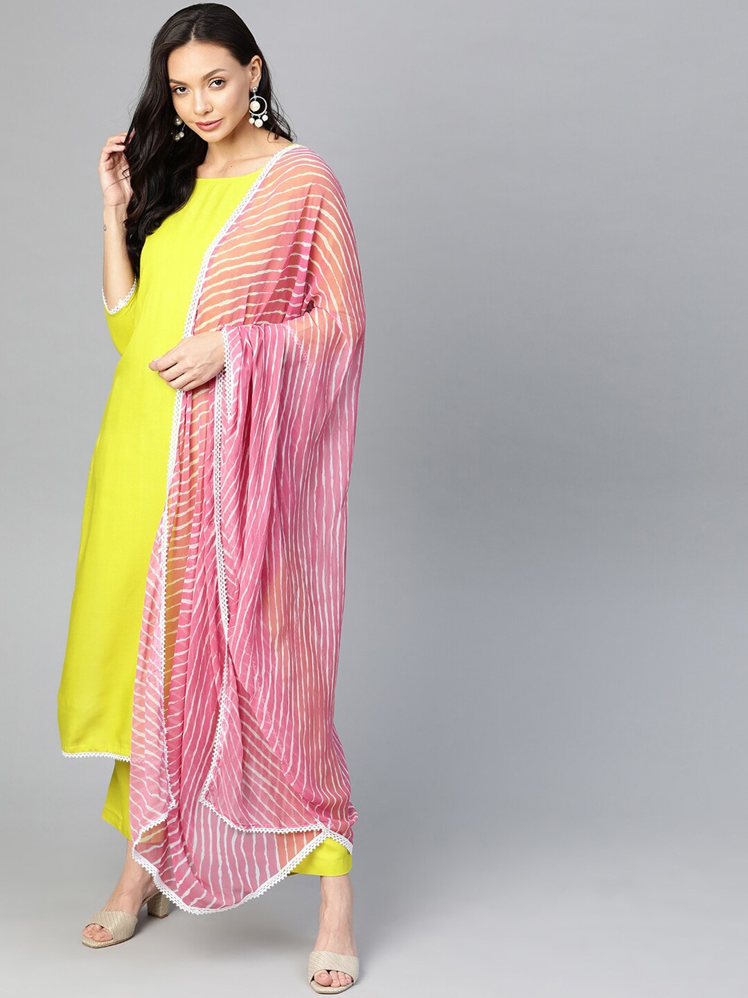 

Yuris Women Lime Green Striped Panelled Kurta with Sharara & With Dupatta