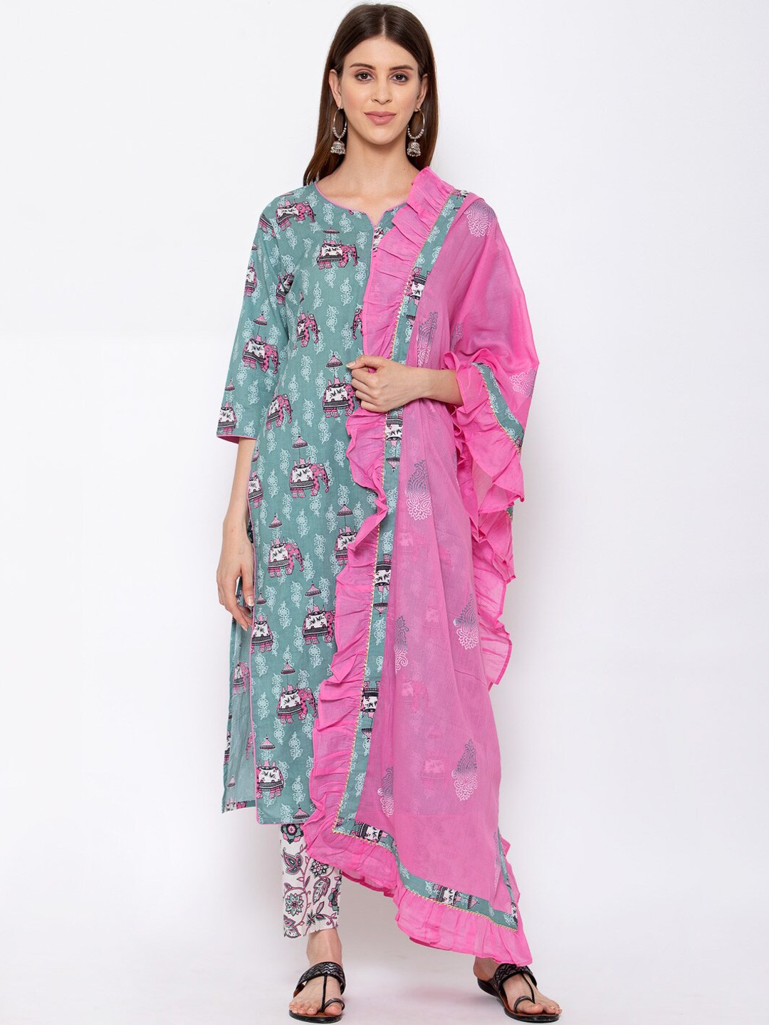 

Yuris Women Green Floral Embroidered Layered Pure Cotton Kurti with Trousers & With Dupatta