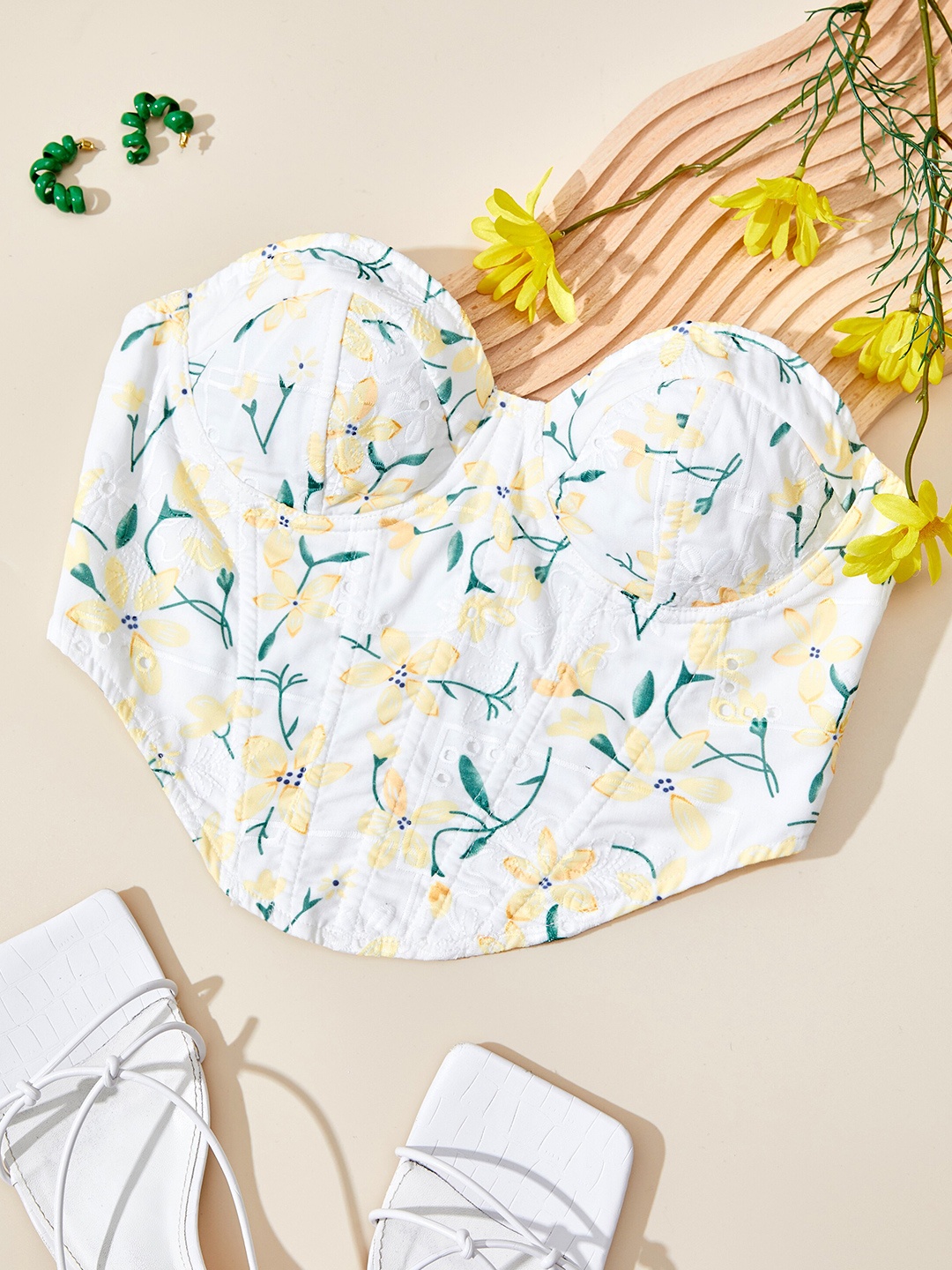 

URBANIC White Floral Print Extended Sleeves Boxy Top
