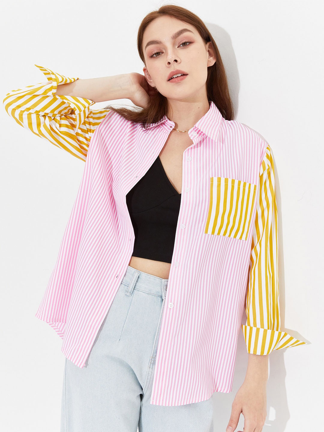 

URBANIC Pink & bright gray Striped Shirt Style Top