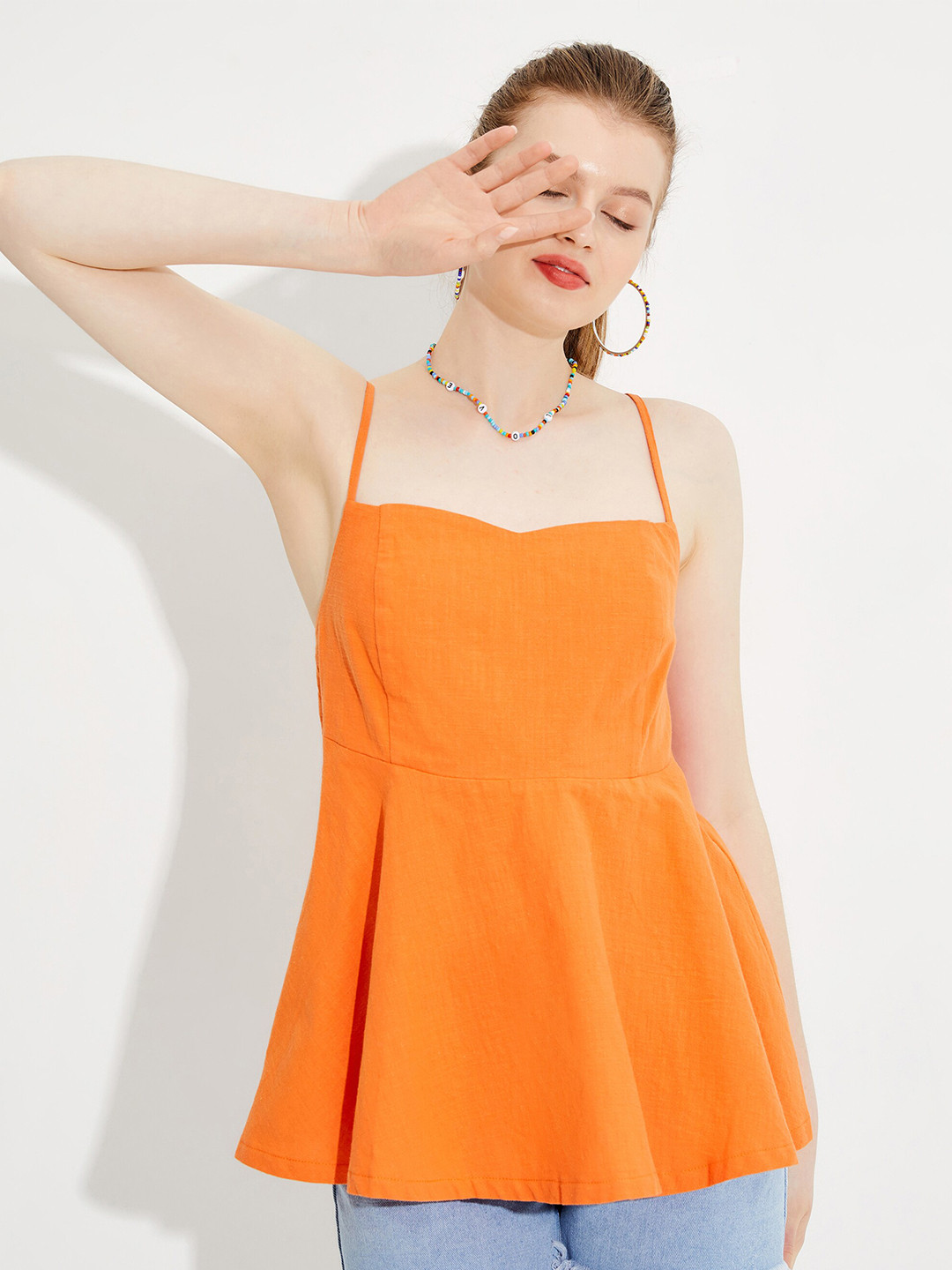 

URBANIC Women Orange Solid Sweetheart Neck Cotton A-line Top