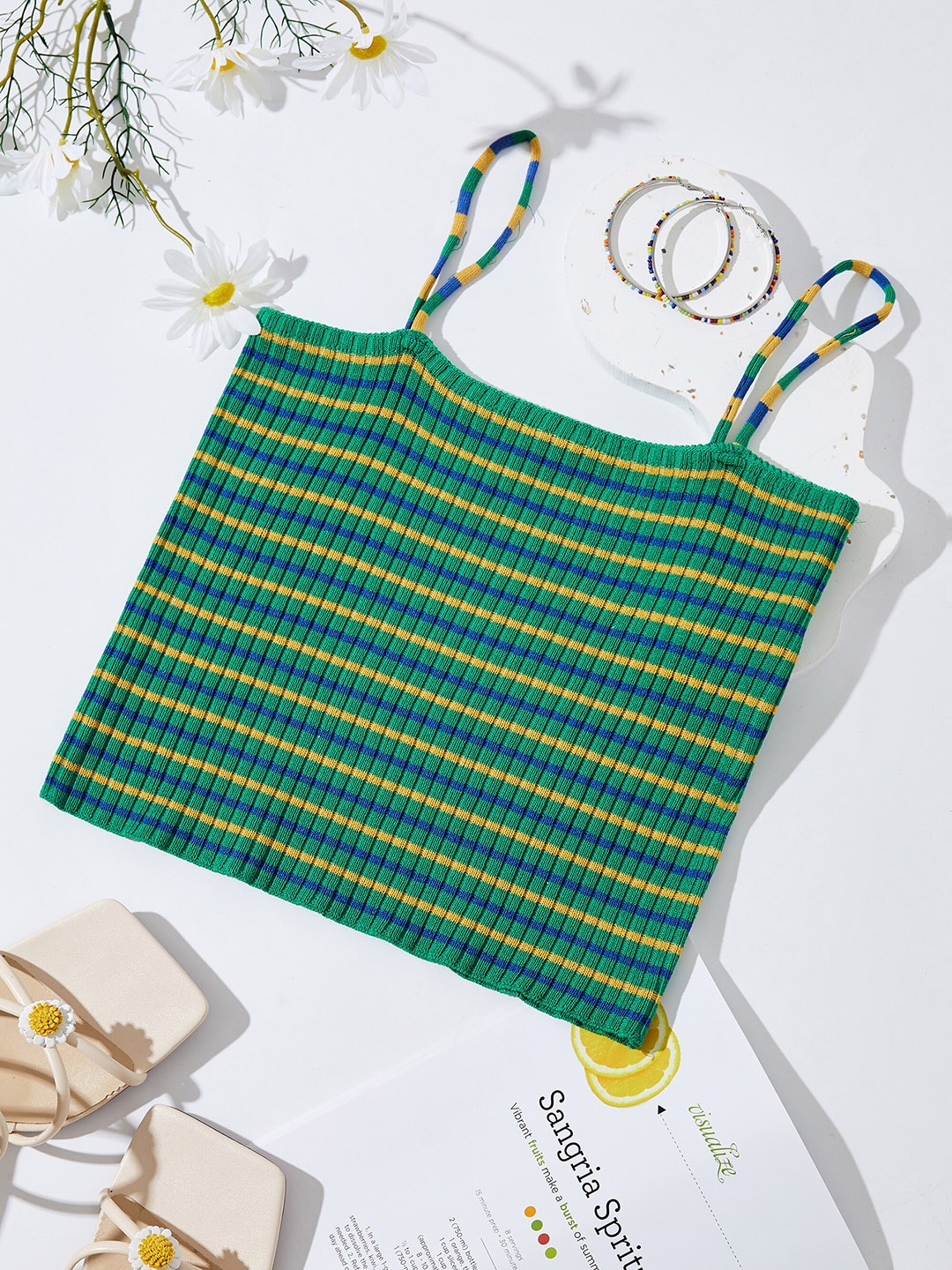 

URBANIC Green Striped Blouson Top