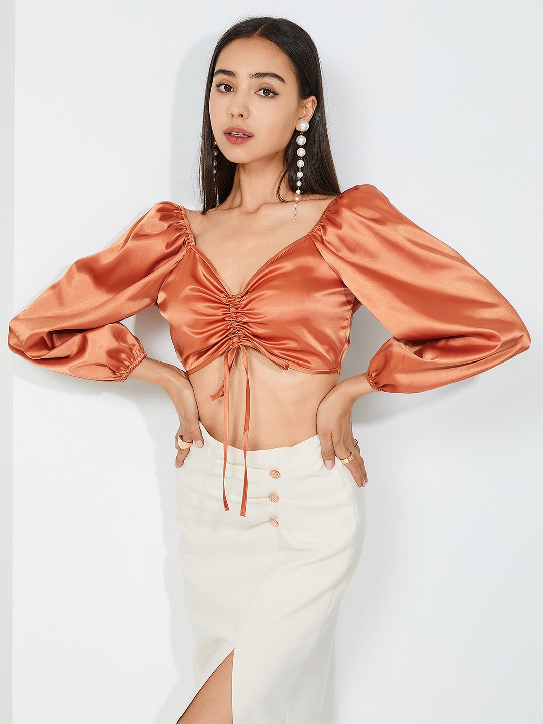 

URBANIC Brown Tie Up Puff Sleeves Top