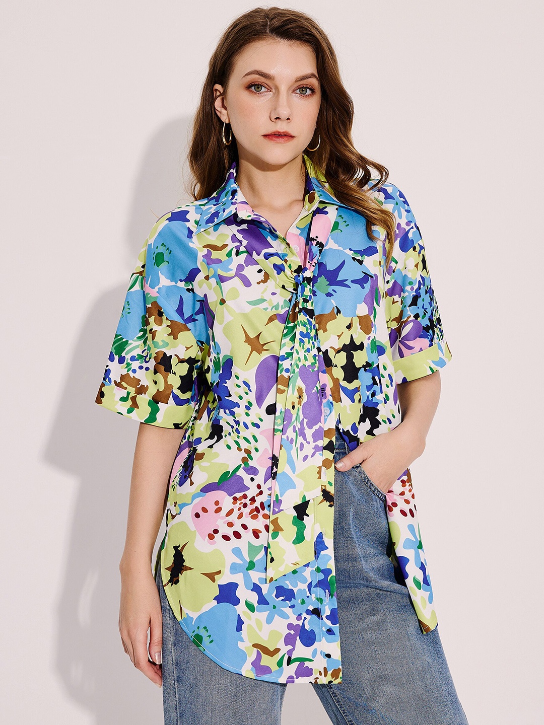 

URBANIC Multicoloured & white sand Floral Print Shirt Style Top, Multi