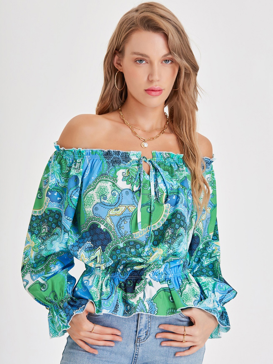 

URBANIC Blue Floral Print Off-Shoulder Bardot Top