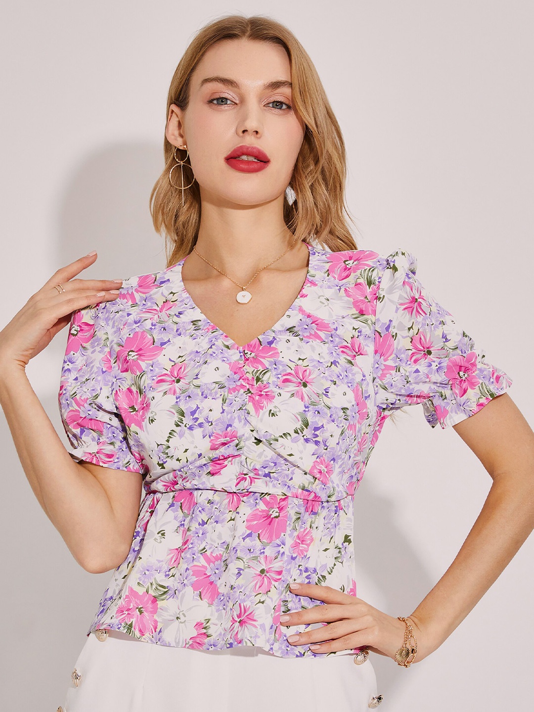 

URBANIC Pink & orchid tint Floral Print Top