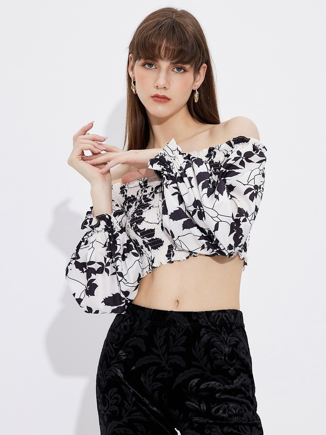 

URBANIC Black & christmas silver Floral Print Off-Shoulder Bardot Top