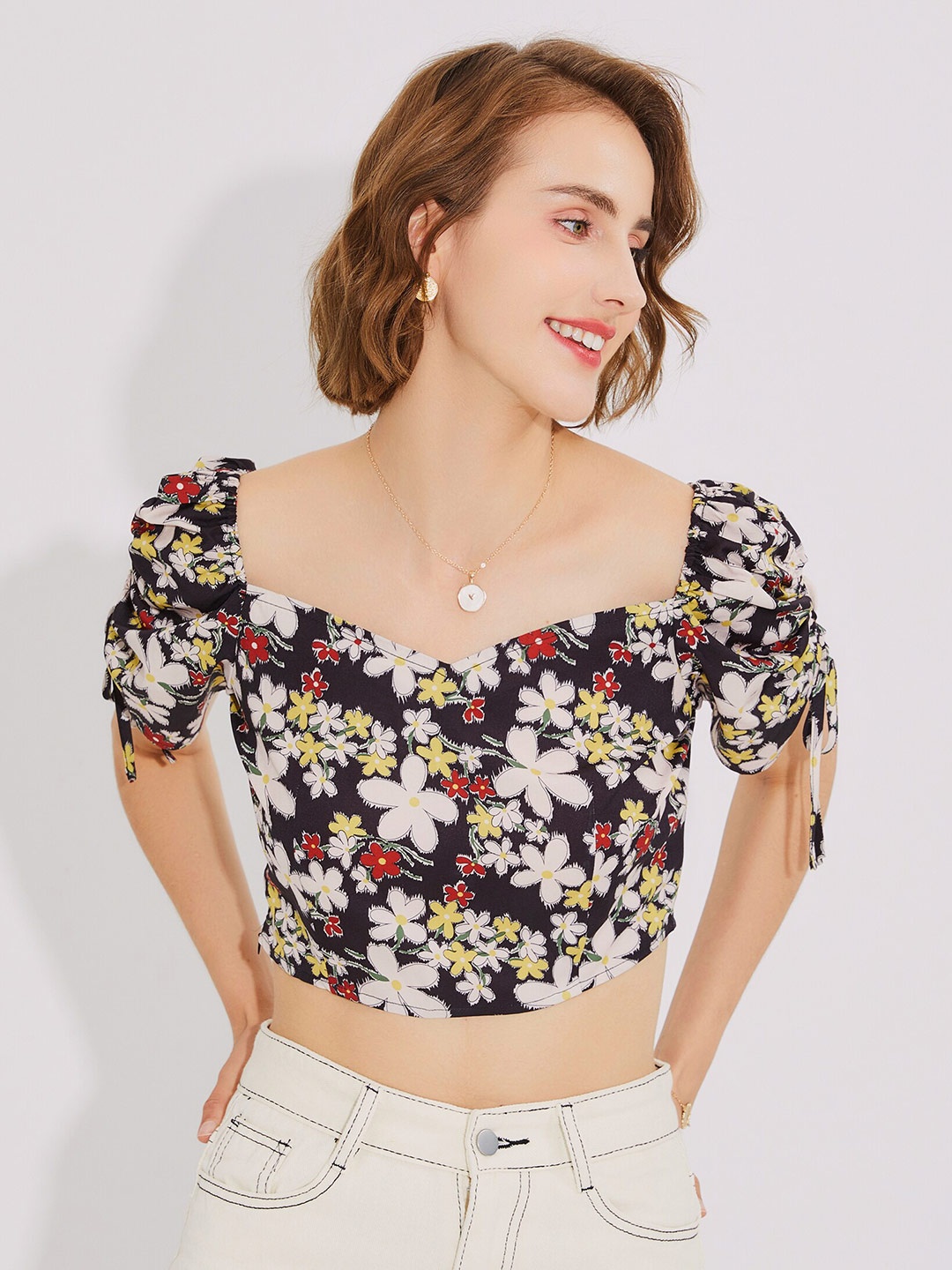 

URBANIC Black & peachskin Floral Print Bardot Crop Top
