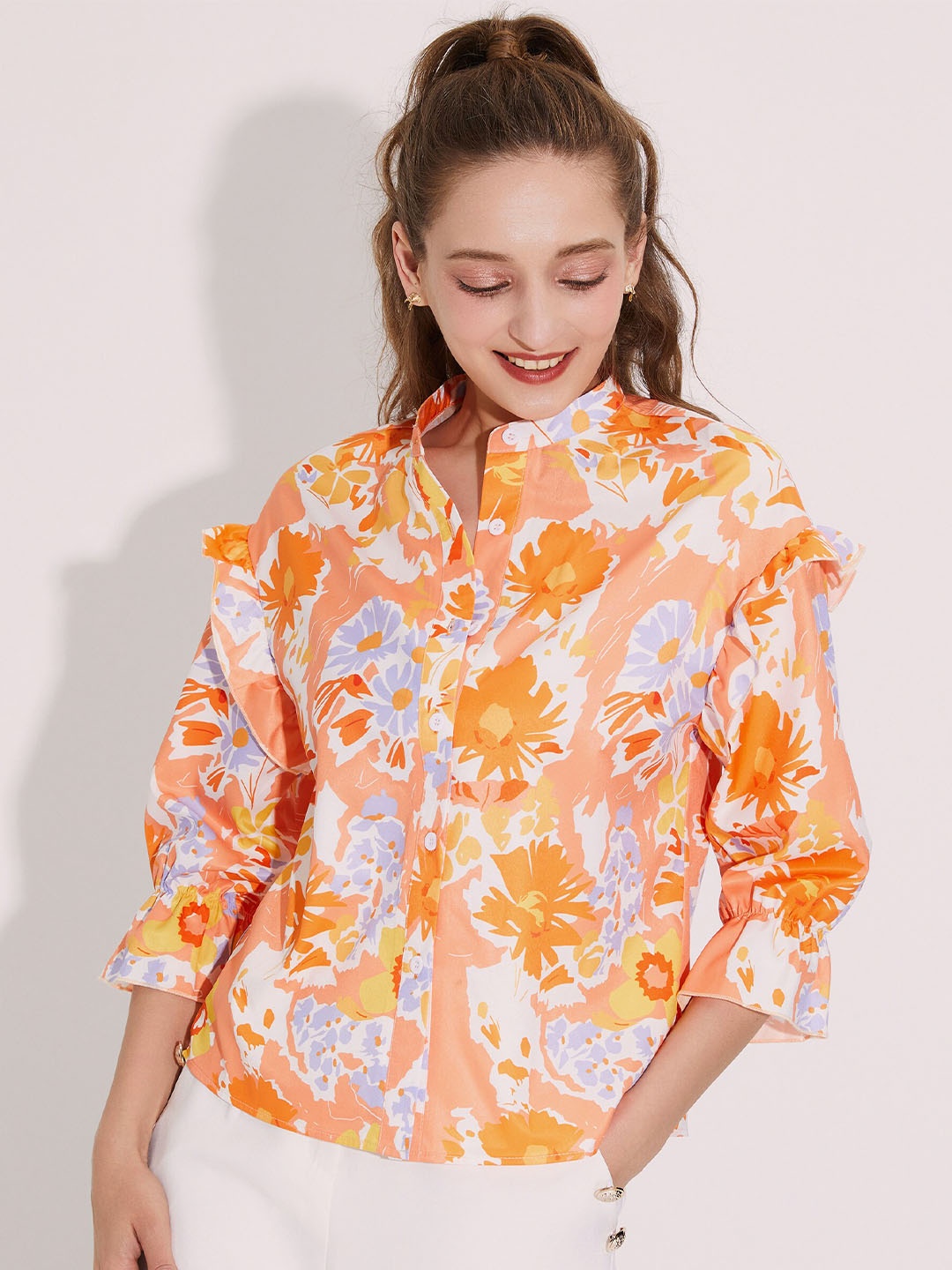 

URBANIC Orange & mauve morn Floral Print Shirt Style Top