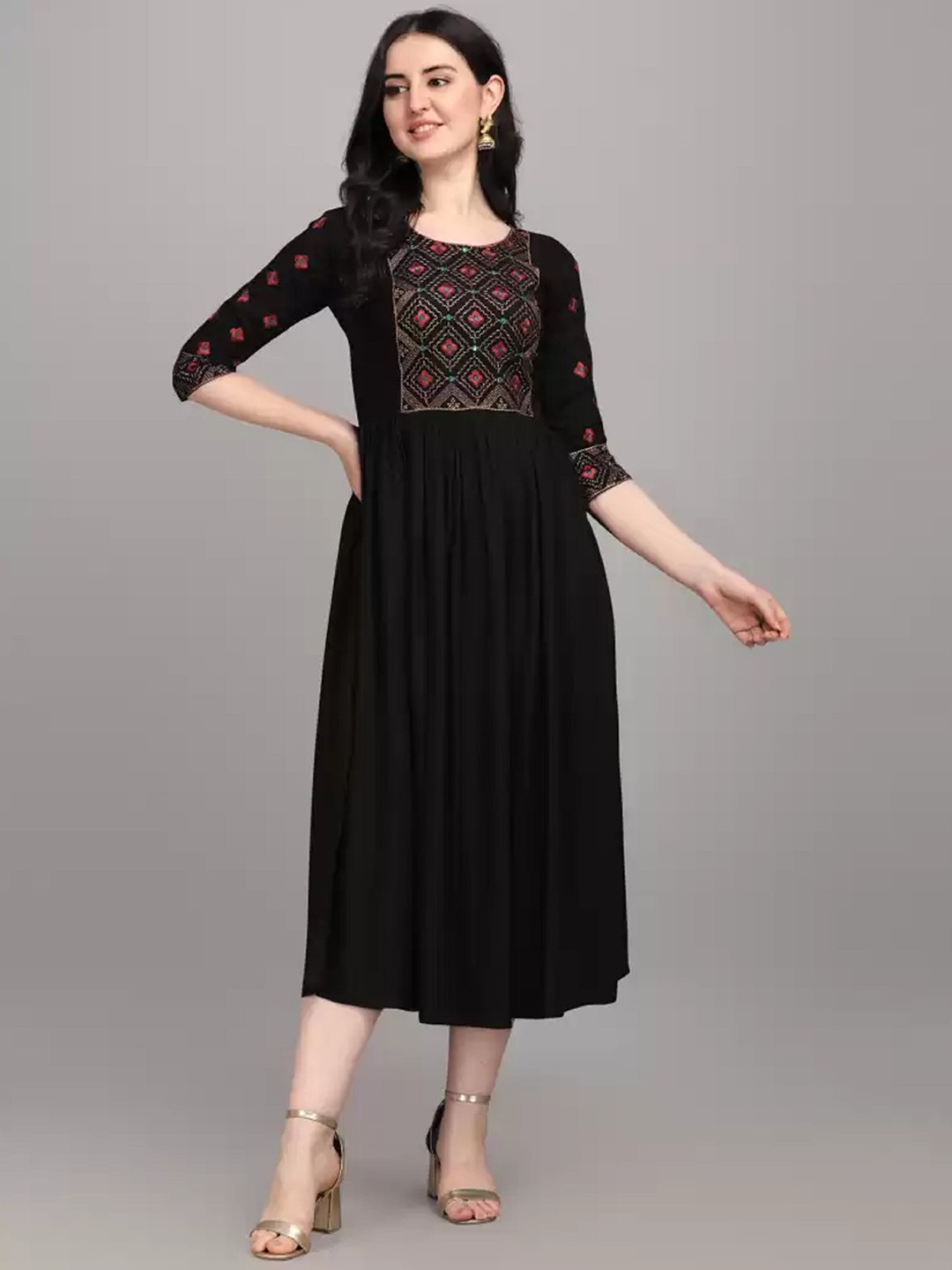 

RUHI FASHION Women Black Yoke Design Flared Sleeves Mirror Work Anarkali Kurta