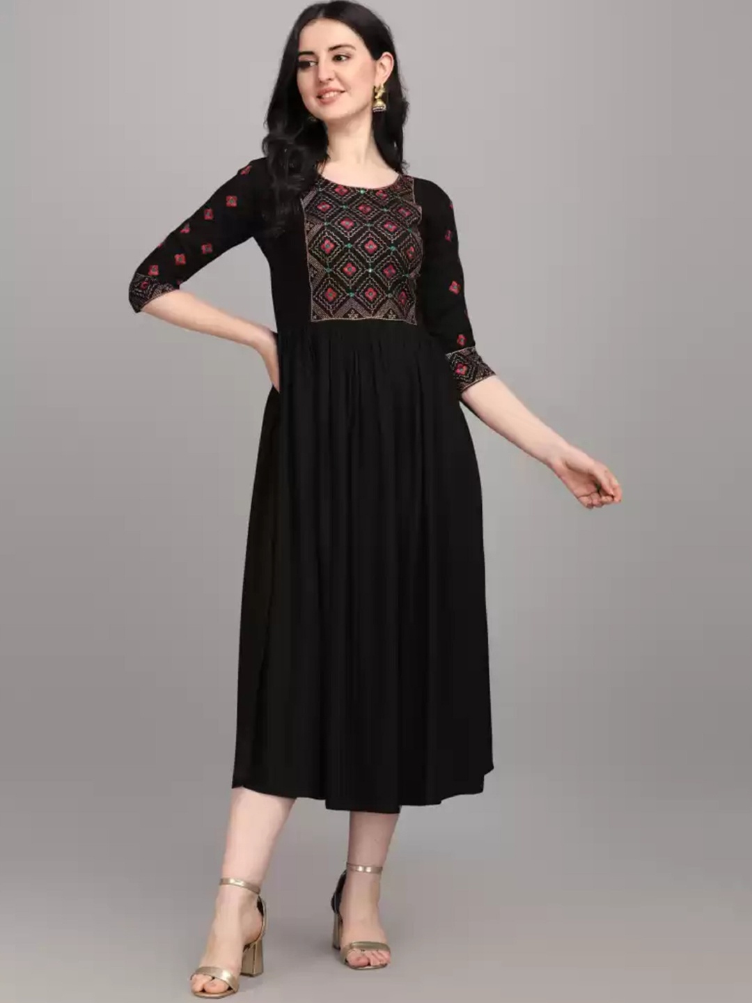 

RUHI FASHION Women Black & xiketic Yoke Design Flared Sleeves Mirror Work Anarkali Kurta