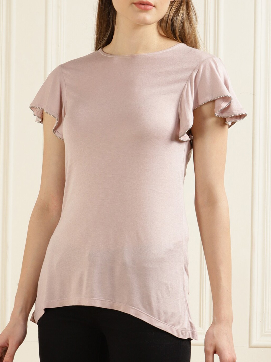 

Ted Baker Pink Solid Flutter Sleeve Pure Cotton Longline Top