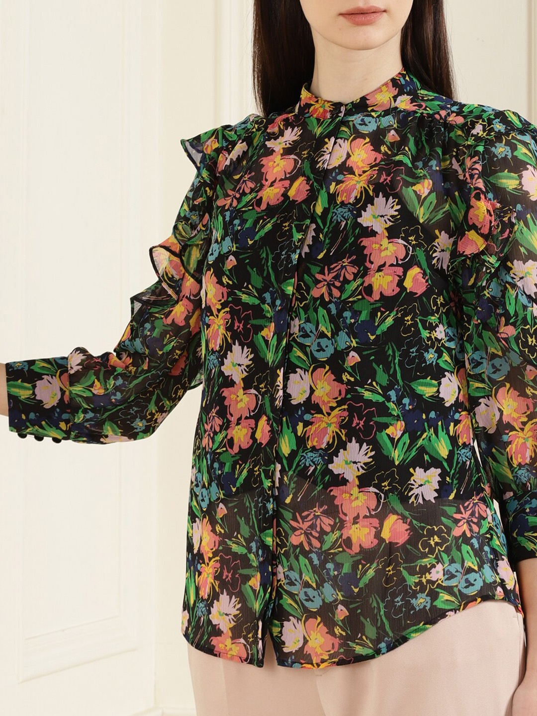 

Ted Baker Black Floral Print Mandarin Collar Top