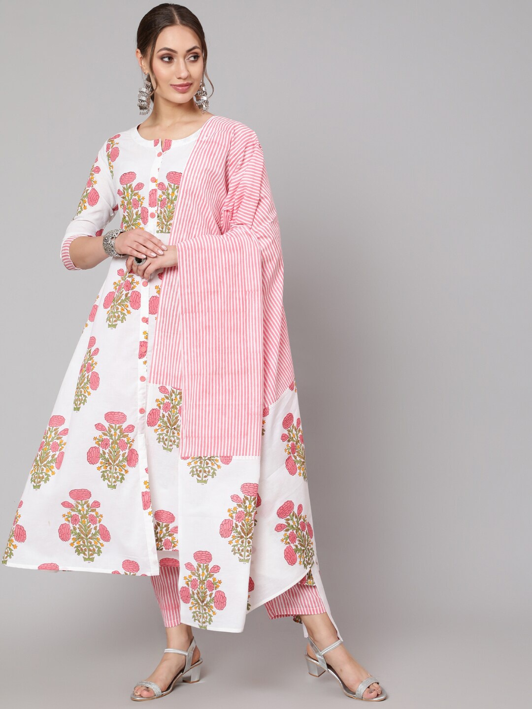 

GLAM ROOTS Women Pink Floral Yoke Design Panelled Pure Cotton Kurti with Trousers & With Dupatta